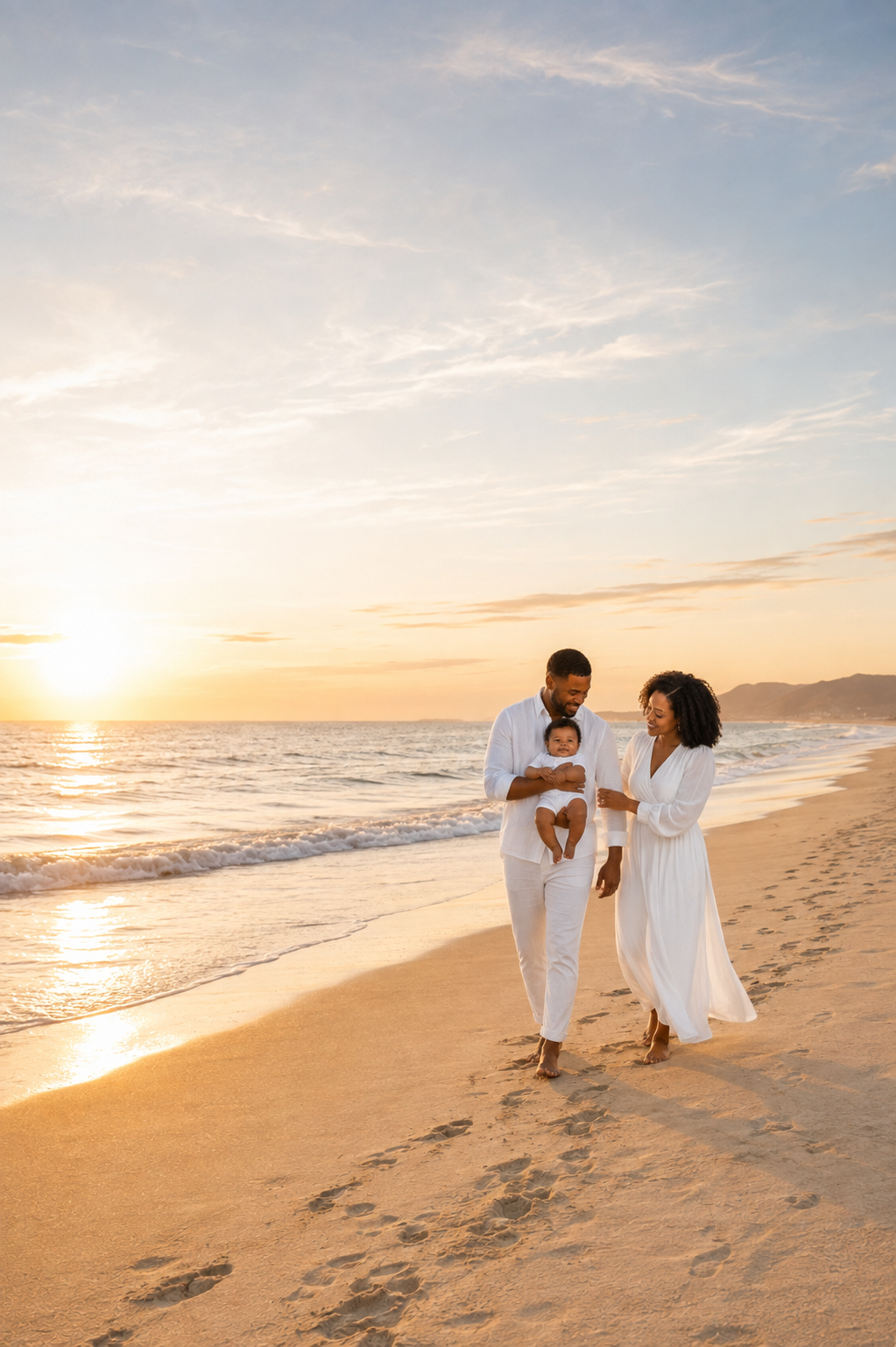 A Black family walking on the beach with their baby at sunrise